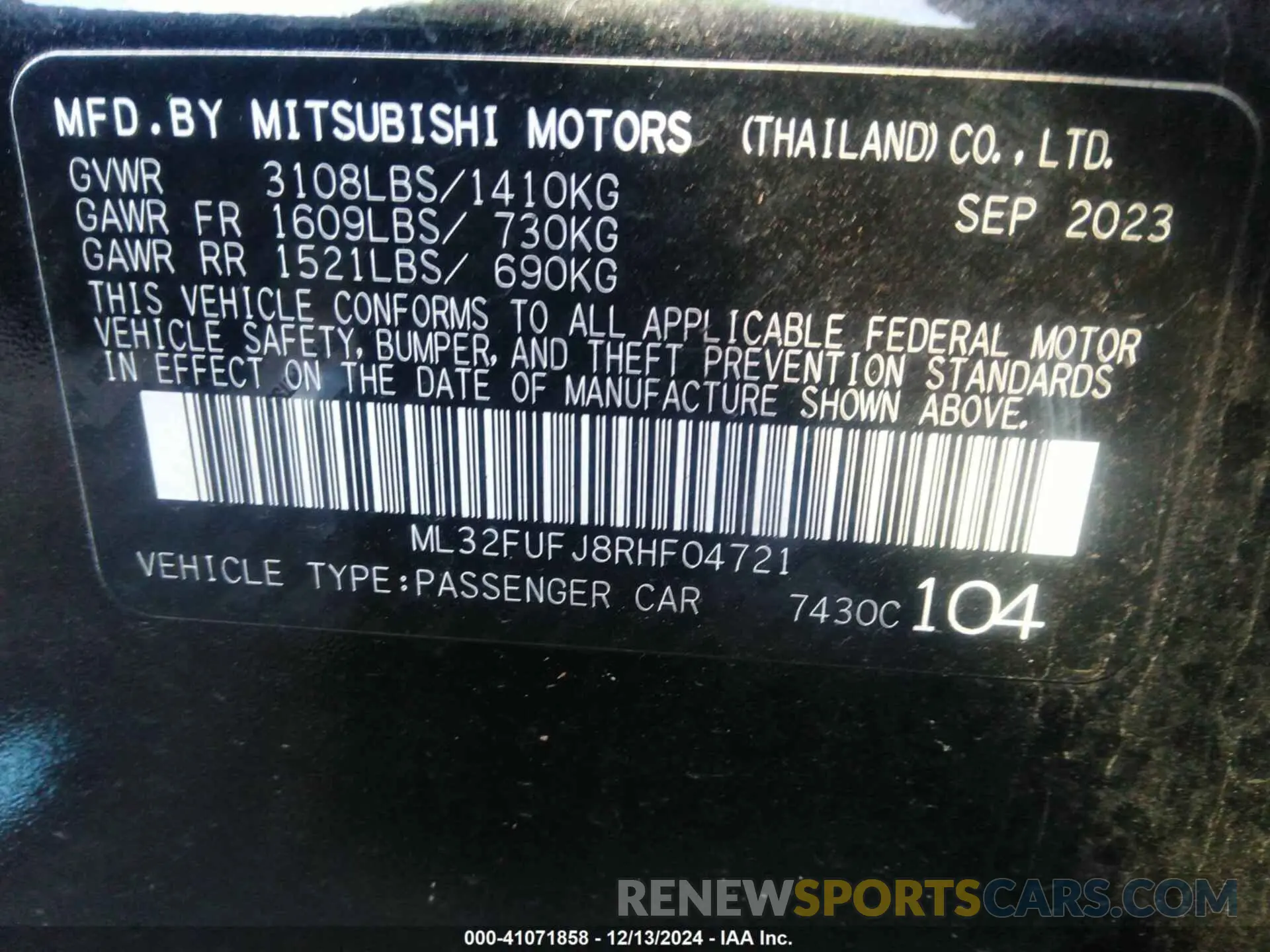 9 Photograph of a damaged car ML32FUFJ8RHF04721 MITSUBISHI MIRAGE G4 2024