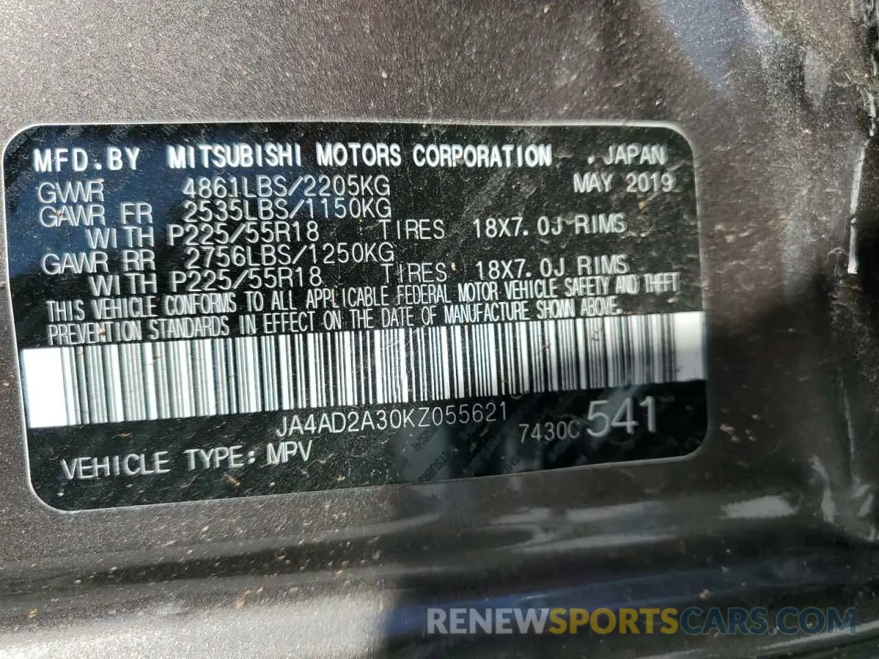 13 Photograph of a damaged car JA4AD2A30KZ055621 MITSUBISHI OUTLANDER 2019