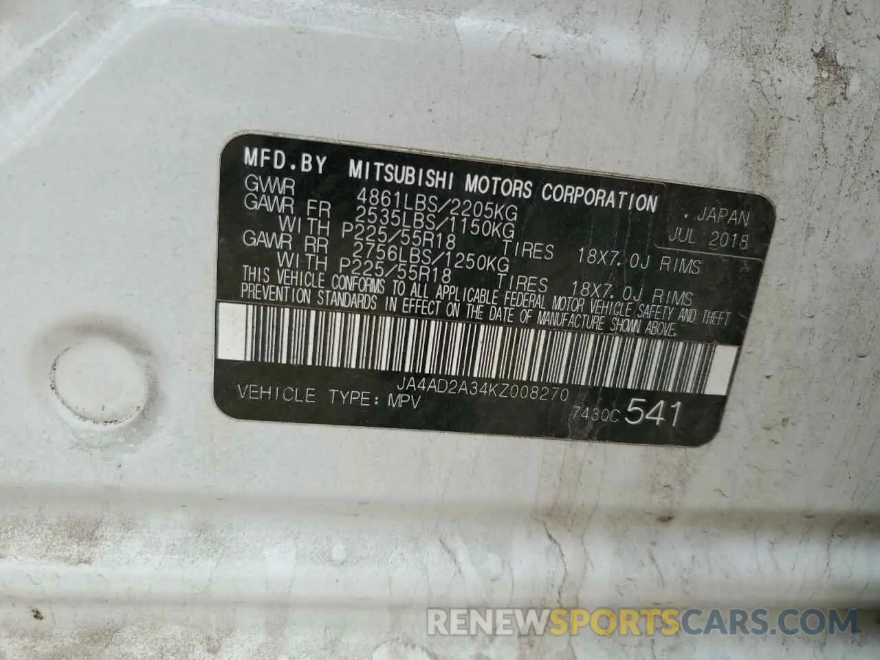 13 Photograph of a damaged car JA4AD2A34KZ008270 MITSUBISHI OUTLANDER 2019
