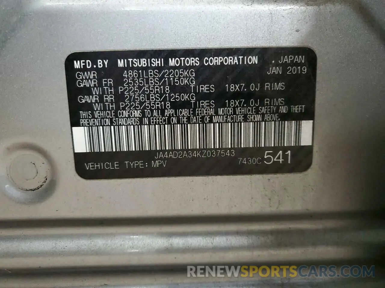 13 Photograph of a damaged car JA4AD2A34KZ037543 MITSUBISHI OUTLANDER 2019