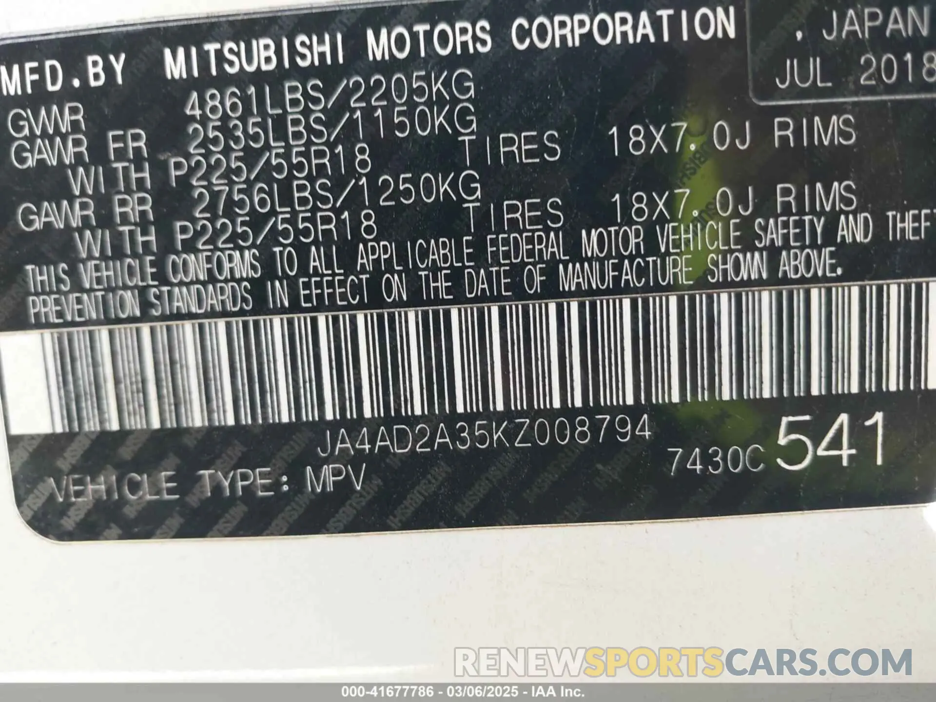 9 Photograph of a damaged car JA4AD2A35KZ008794 MITSUBISHI OUTLANDER 2019
