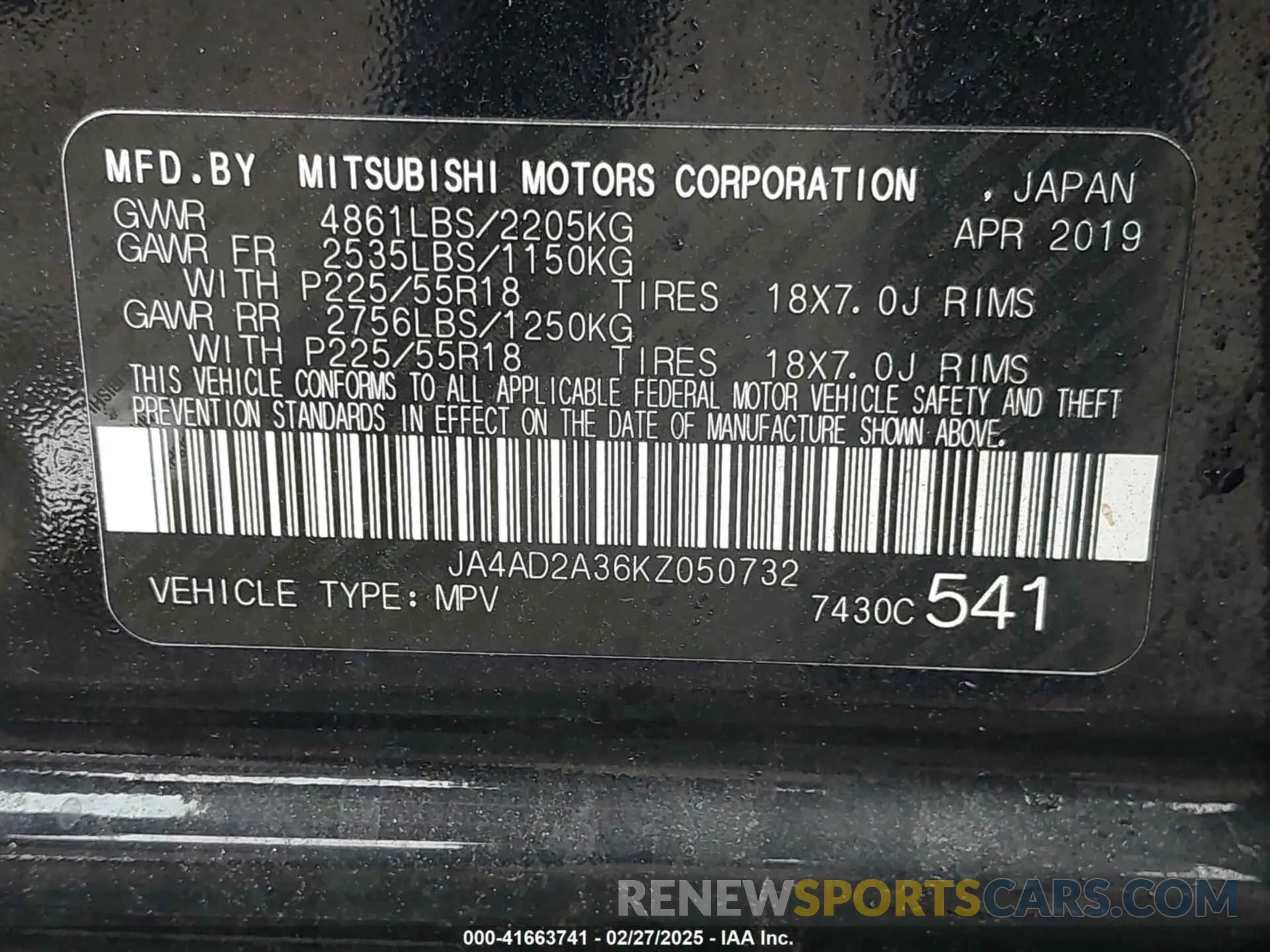 9 Photograph of a damaged car JA4AD2A36KZ050732 MITSUBISHI OUTLANDER 2019