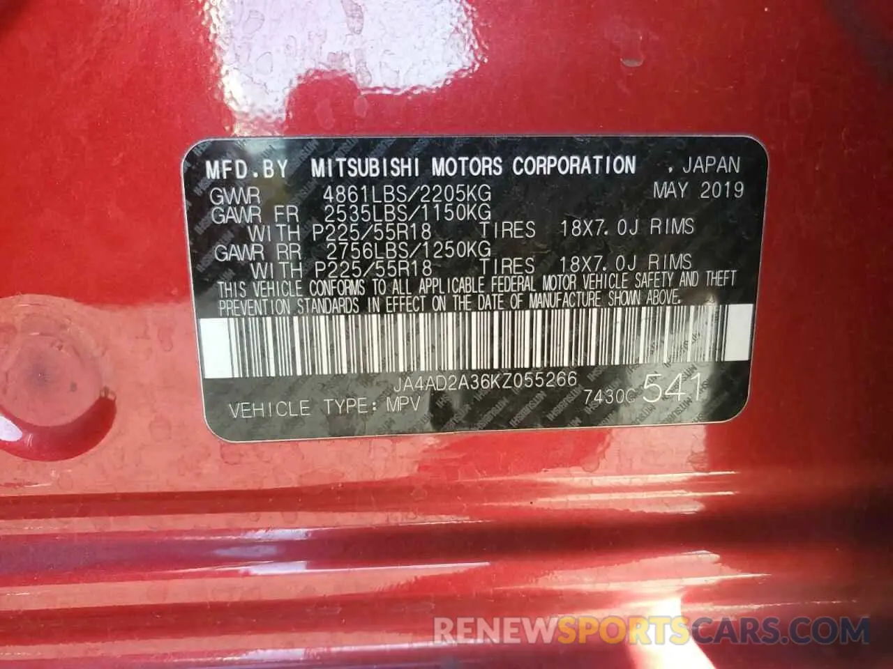13 Photograph of a damaged car JA4AD2A36KZ055266 MITSUBISHI OUTLANDER 2019