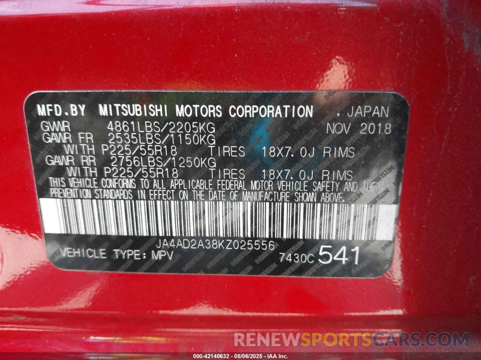 9 Photograph of a damaged car JA4AD2A38KZ025556 MITSUBISHI OUTLANDER 2019