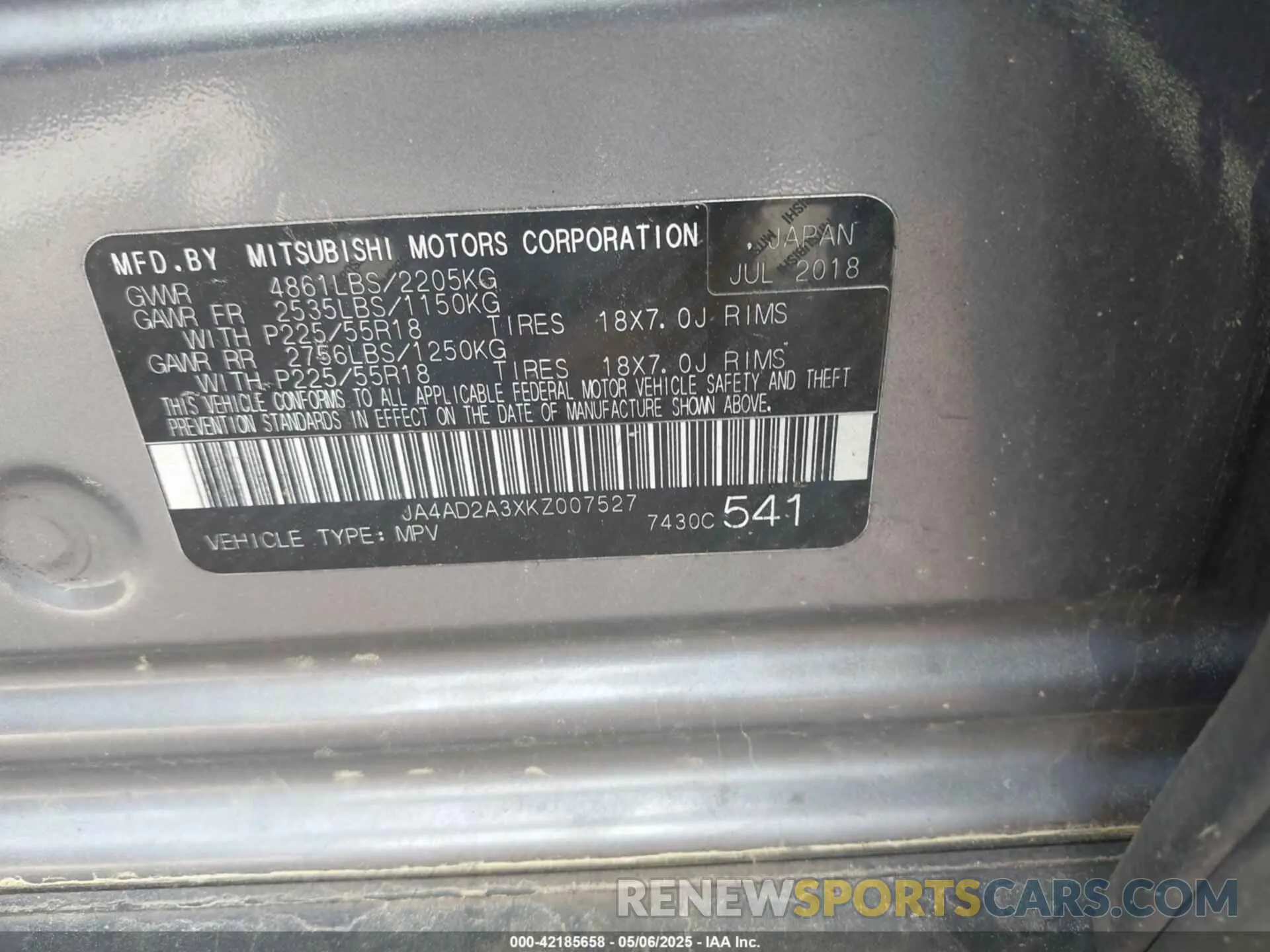 9 Photograph of a damaged car JA4AD2A3XKZ007527 MITSUBISHI OUTLANDER 2019