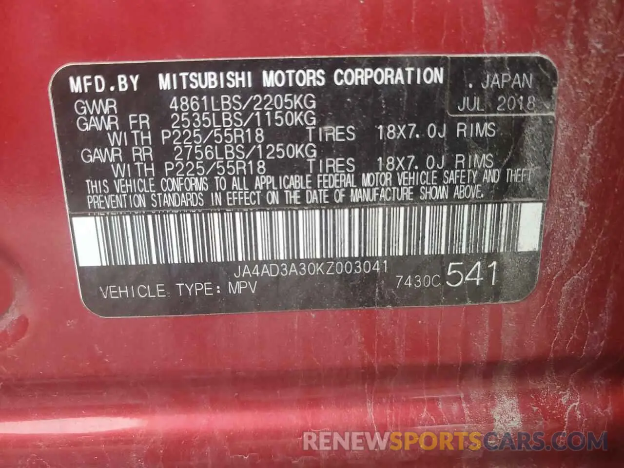 13 Photograph of a damaged car JA4AD3A30KZ003041 MITSUBISHI OUTLANDER 2019