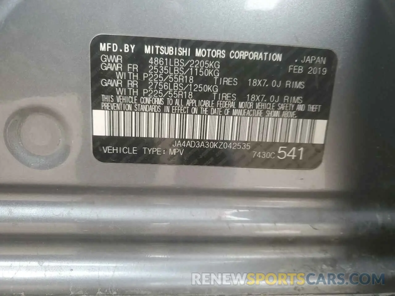 16 Photograph of a damaged car JA4AD3A30KZ042535 MITSUBISHI OUTLANDER 2019