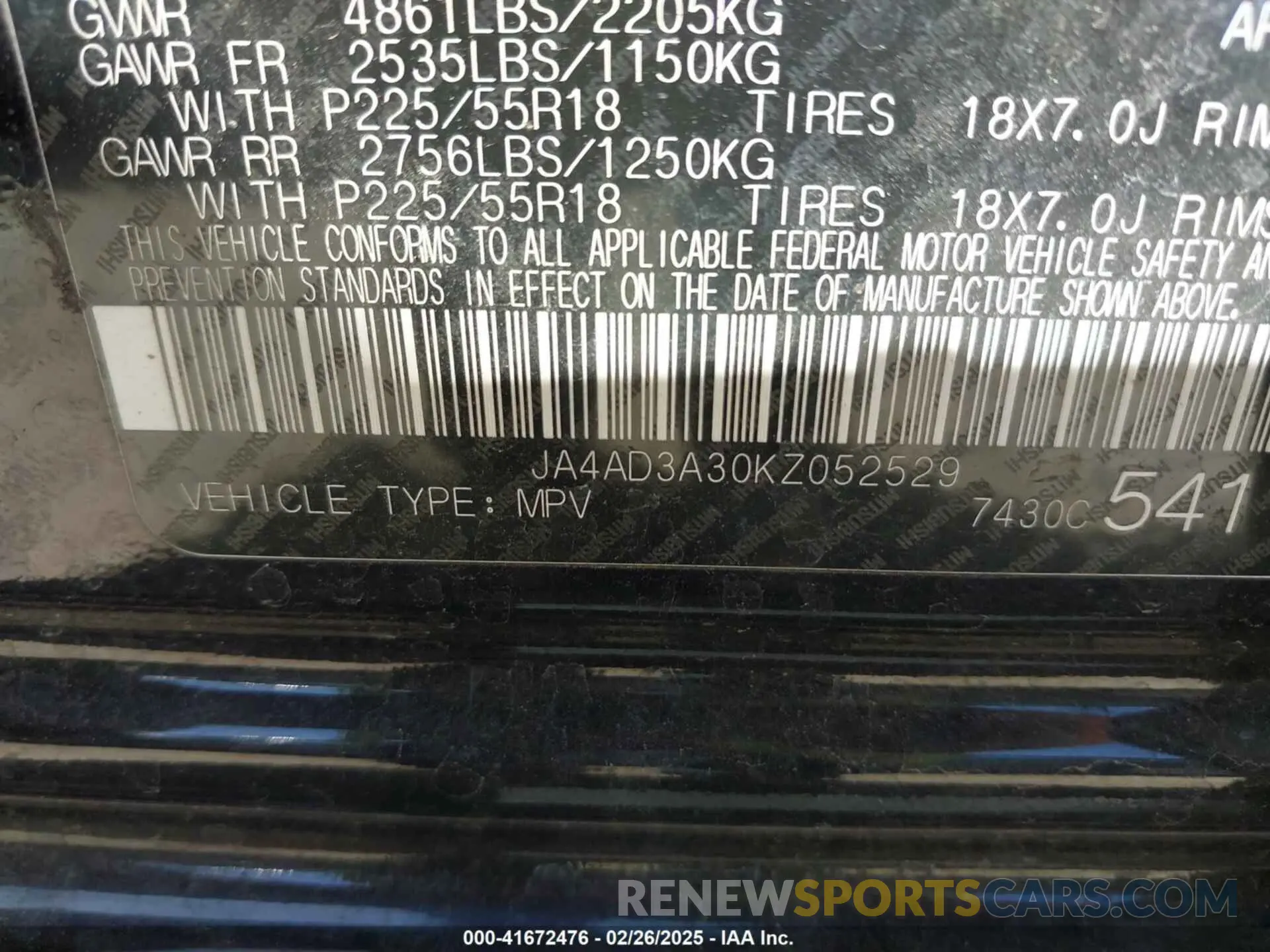 9 Photograph of a damaged car JA4AD3A30KZ052529 MITSUBISHI OUTLANDER 2019