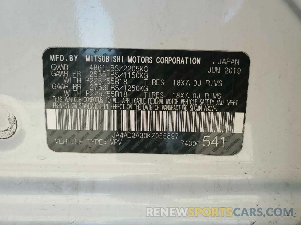 15 Photograph of a damaged car JA4AD3A30KZ055897 MITSUBISHI OUTLANDER 2019