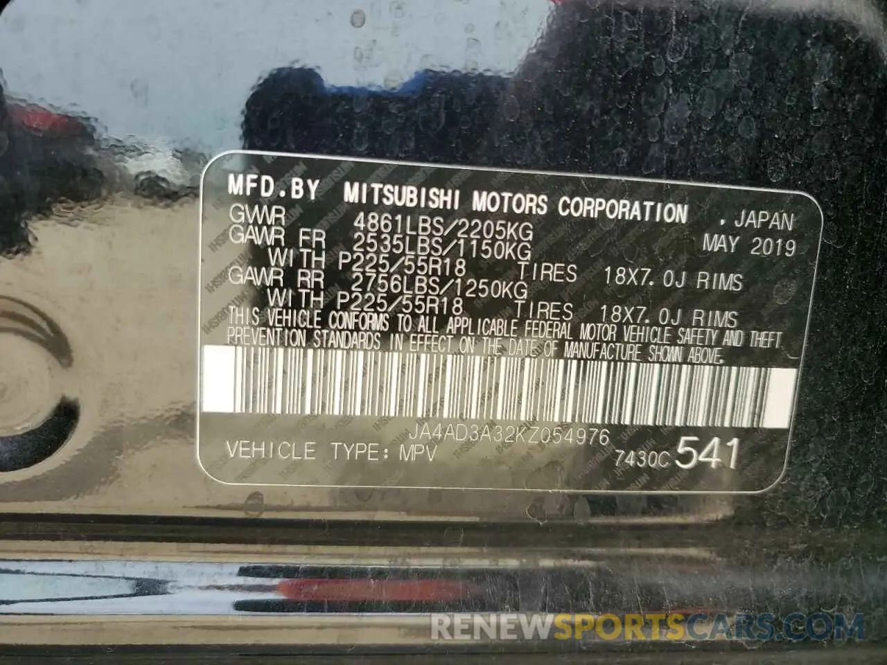 13 Photograph of a damaged car JA4AD3A32KZ054976 MITSUBISHI OUTLANDER 2019
