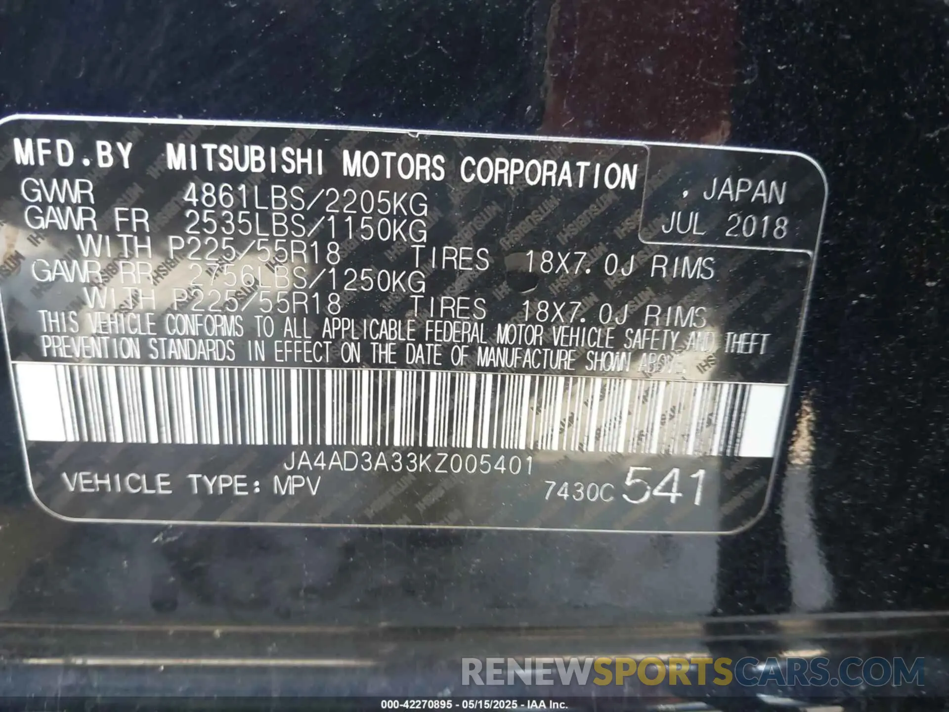 9 Photograph of a damaged car JA4AD3A33KZ005401 MITSUBISHI OUTLANDER 2019