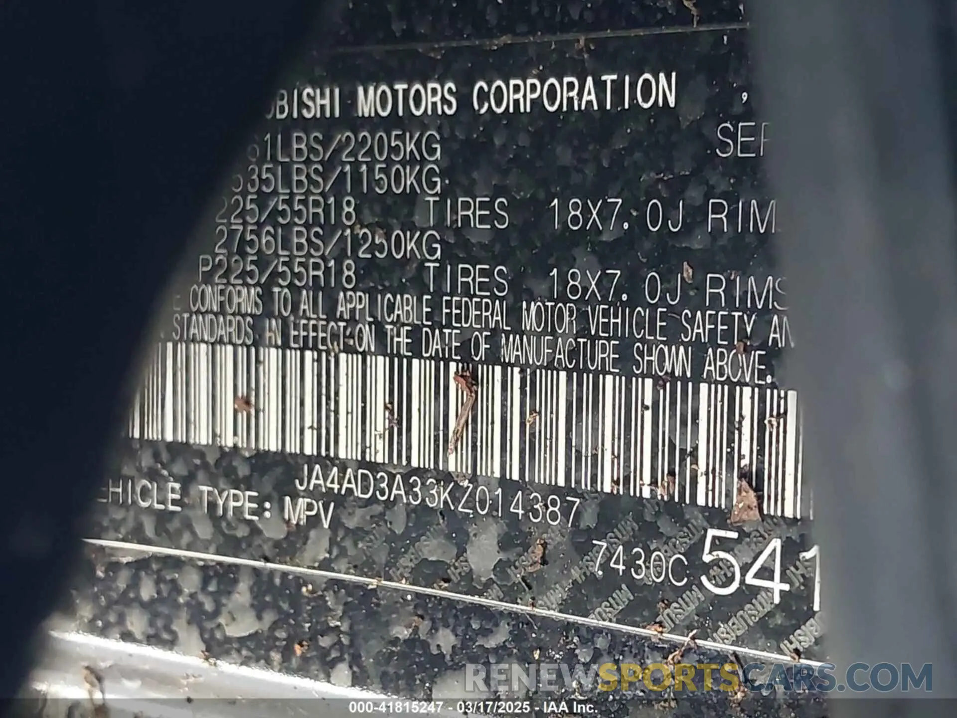 9 Photograph of a damaged car JA4AD3A33KZ014387 MITSUBISHI OUTLANDER 2019
