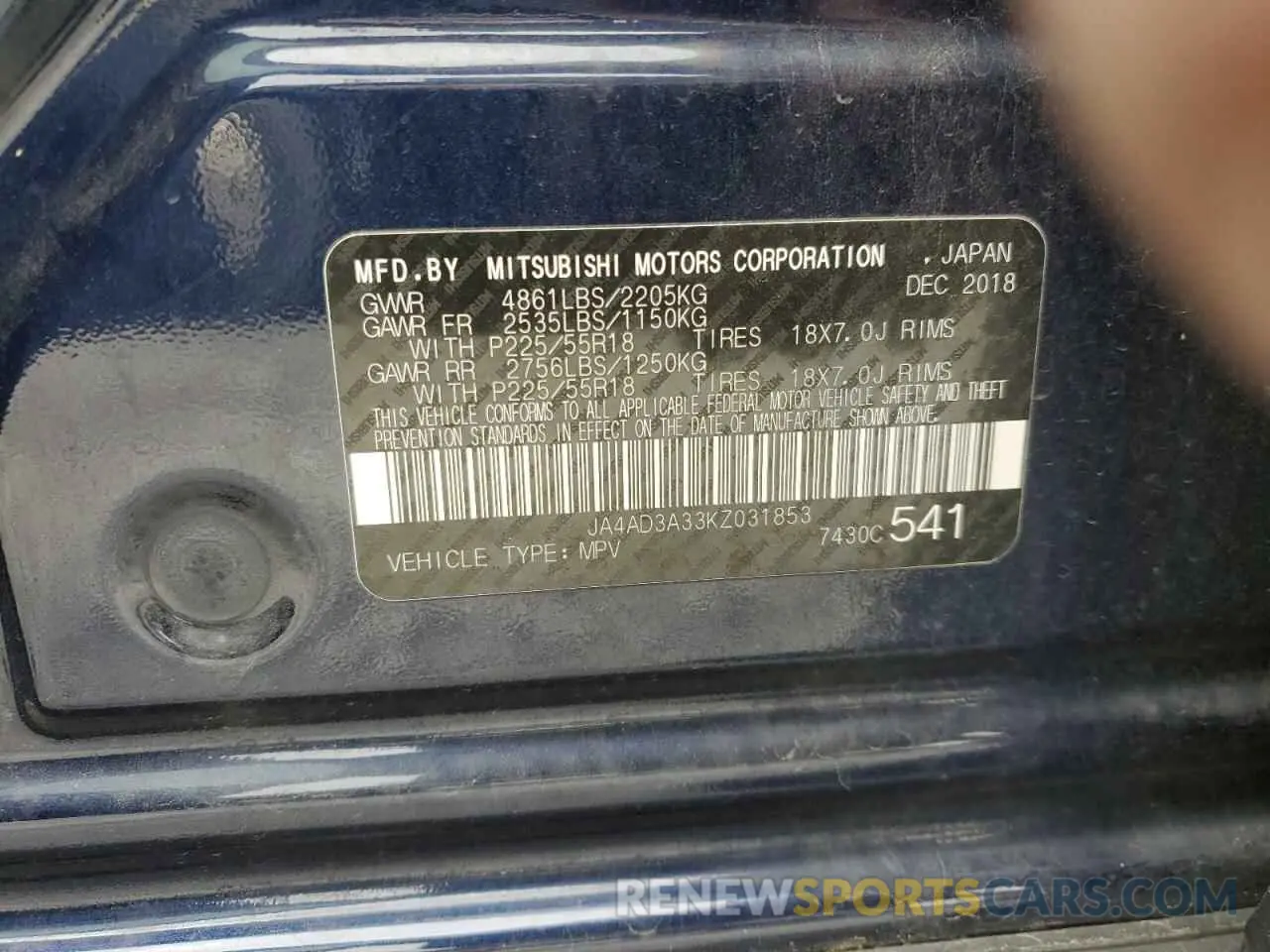 13 Photograph of a damaged car JA4AD3A33KZ031853 MITSUBISHI OUTLANDER 2019