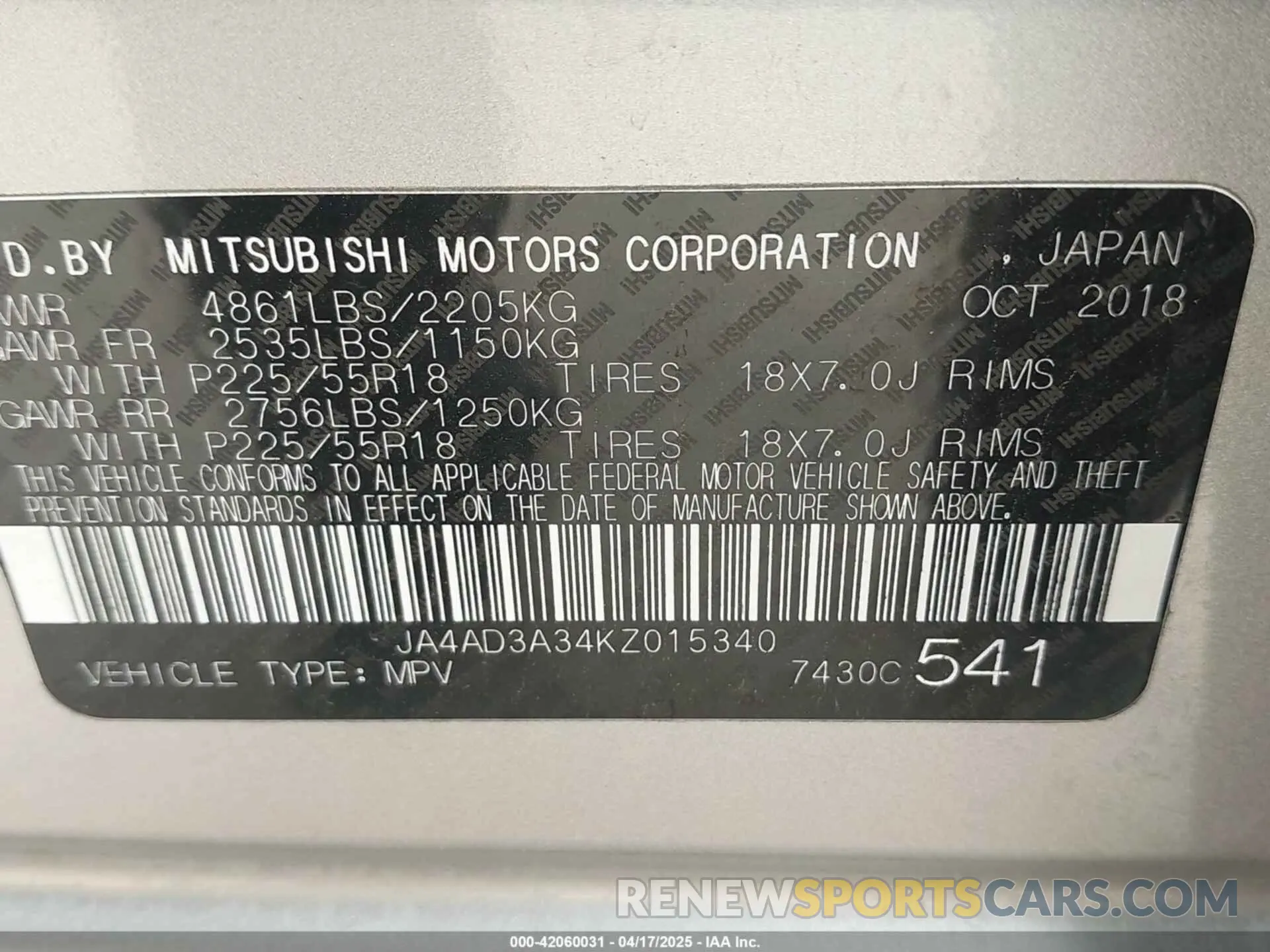 9 Photograph of a damaged car JA4AD3A34KZ015340 MITSUBISHI OUTLANDER 2019
