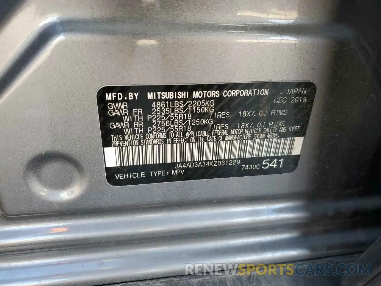 13 Photograph of a damaged car JA4AD3A34KZ031229 MITSUBISHI OUTLANDER 2019