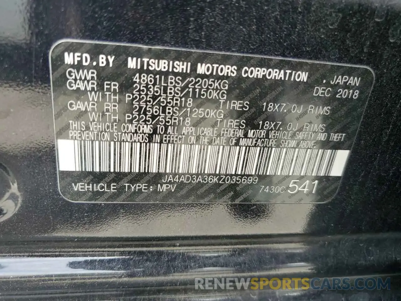 13 Photograph of a damaged car JA4AD3A36KZ035699 MITSUBISHI OUTLANDER 2019