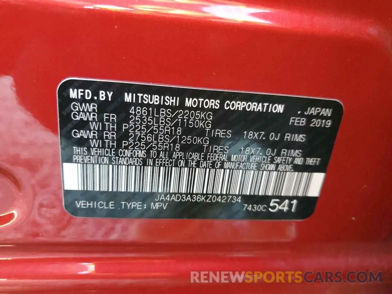 13 Photograph of a damaged car JA4AD3A36KZ042734 MITSUBISHI OUTLANDER 2019