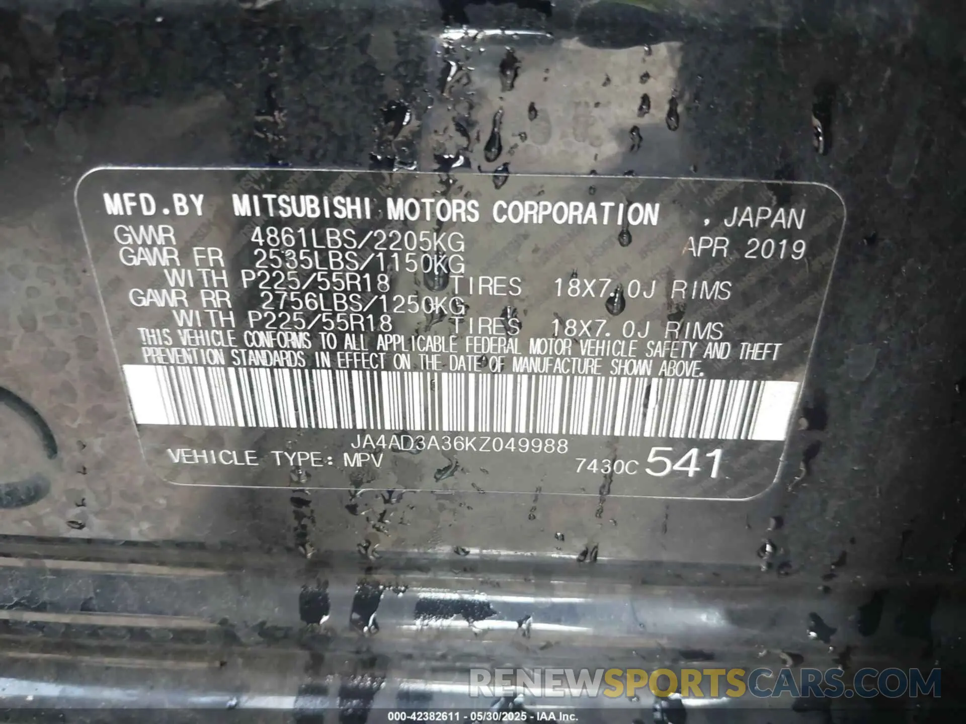 9 Photograph of a damaged car JA4AD3A36KZ049988 MITSUBISHI OUTLANDER 2019