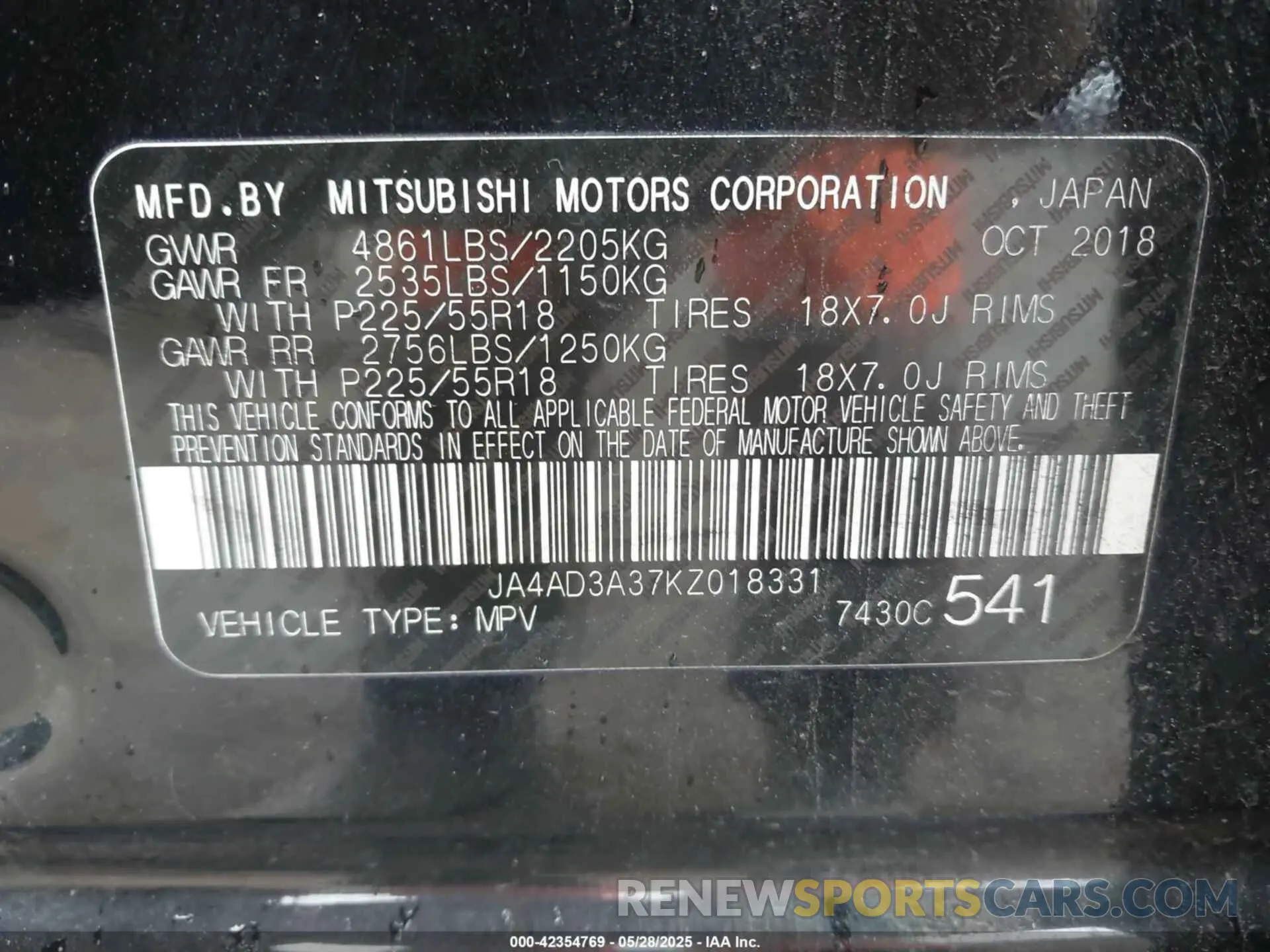 9 Photograph of a damaged car JA4AD3A37KZ018331 MITSUBISHI OUTLANDER 2019