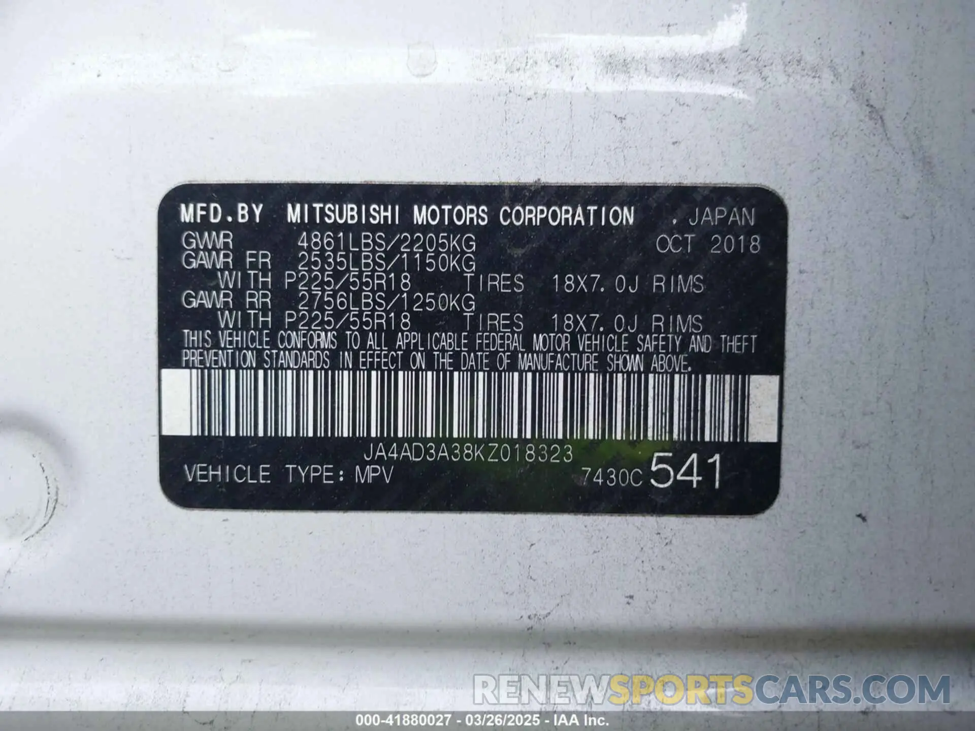 9 Photograph of a damaged car JA4AD3A38KZ018323 MITSUBISHI OUTLANDER 2019