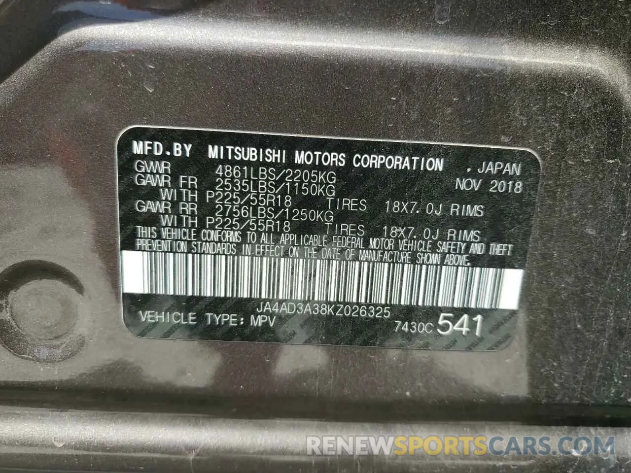13 Photograph of a damaged car JA4AD3A38KZ026325 MITSUBISHI OUTLANDER 2019