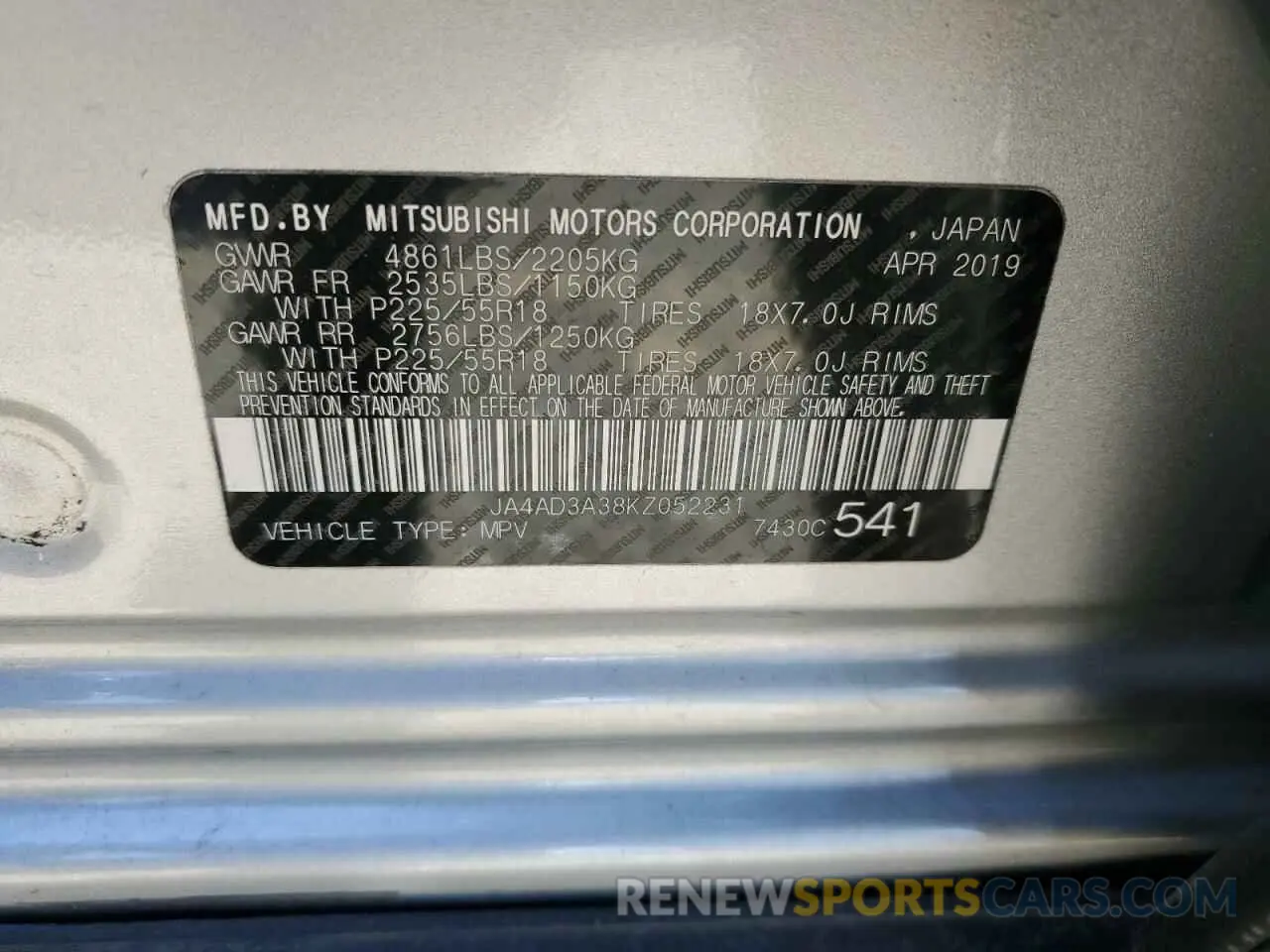 13 Photograph of a damaged car JA4AD3A38KZ052231 MITSUBISHI OUTLANDER 2019
