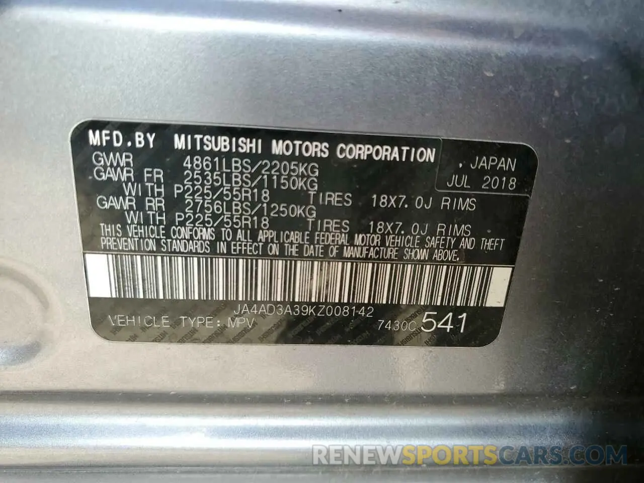 13 Photograph of a damaged car JA4AD3A39KZ008142 MITSUBISHI OUTLANDER 2019