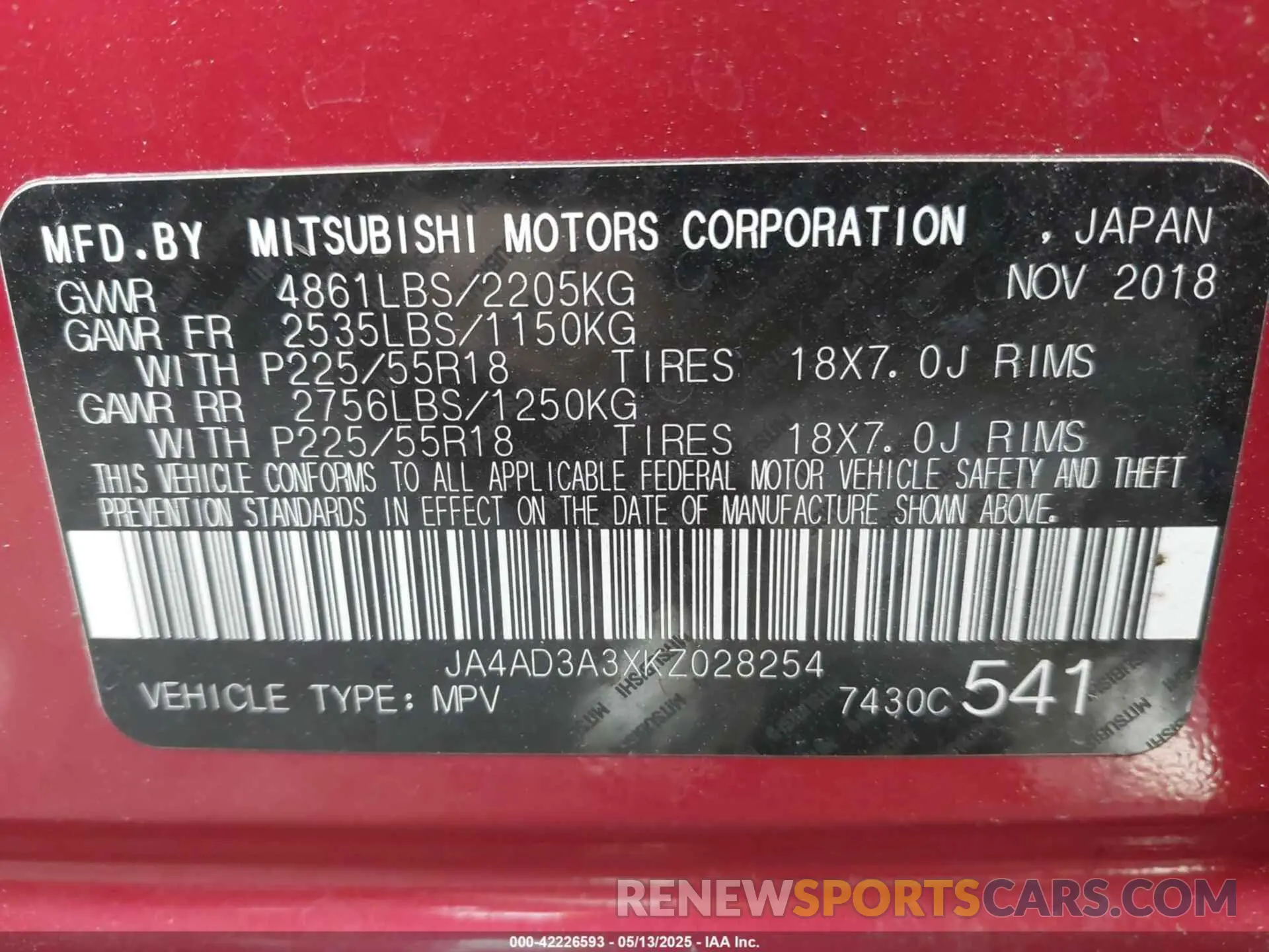 9 Photograph of a damaged car JA4AD3A3XKZ028254 MITSUBISHI OUTLANDER 2019