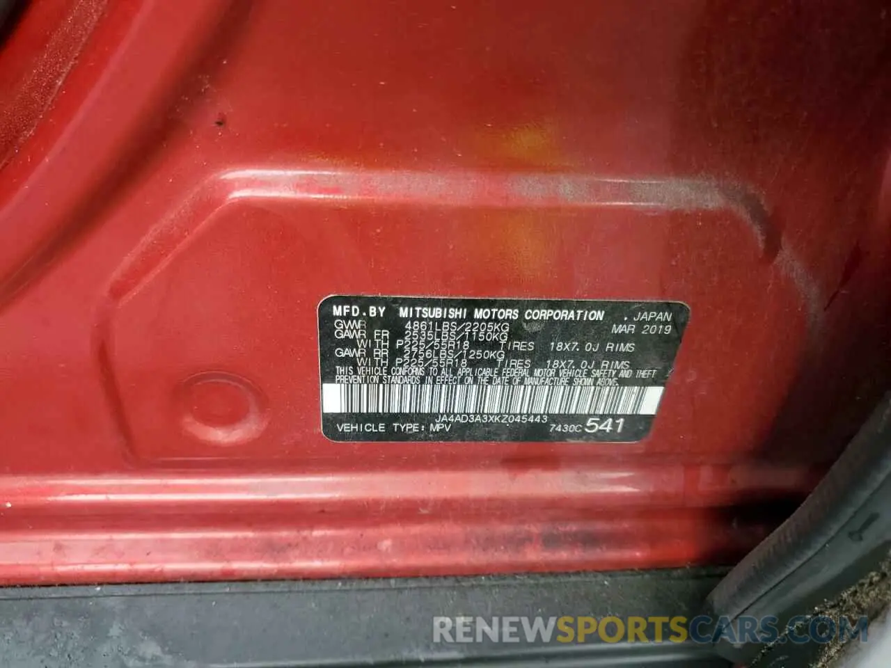 13 Photograph of a damaged car JA4AD3A3XKZ045443 MITSUBISHI OUTLANDER 2019