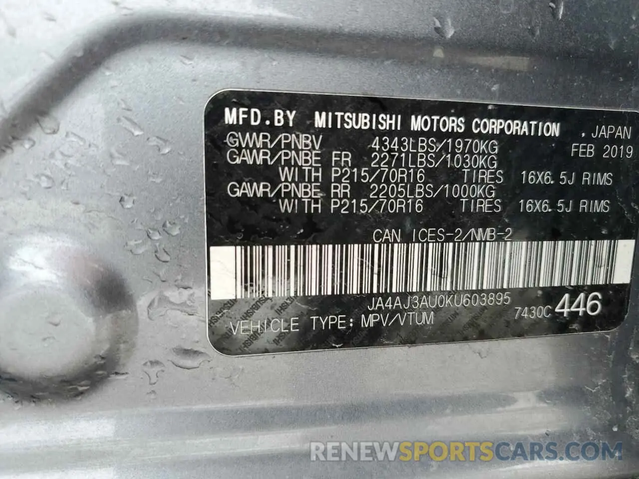 12 Photograph of a damaged car JA4AJ3AU0KU603895 MITSUBISHI OUTLANDER 2019