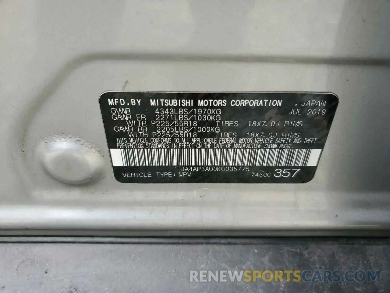 13 Photograph of a damaged car JA4AP3AU0KU035775 MITSUBISHI OUTLANDER 2019