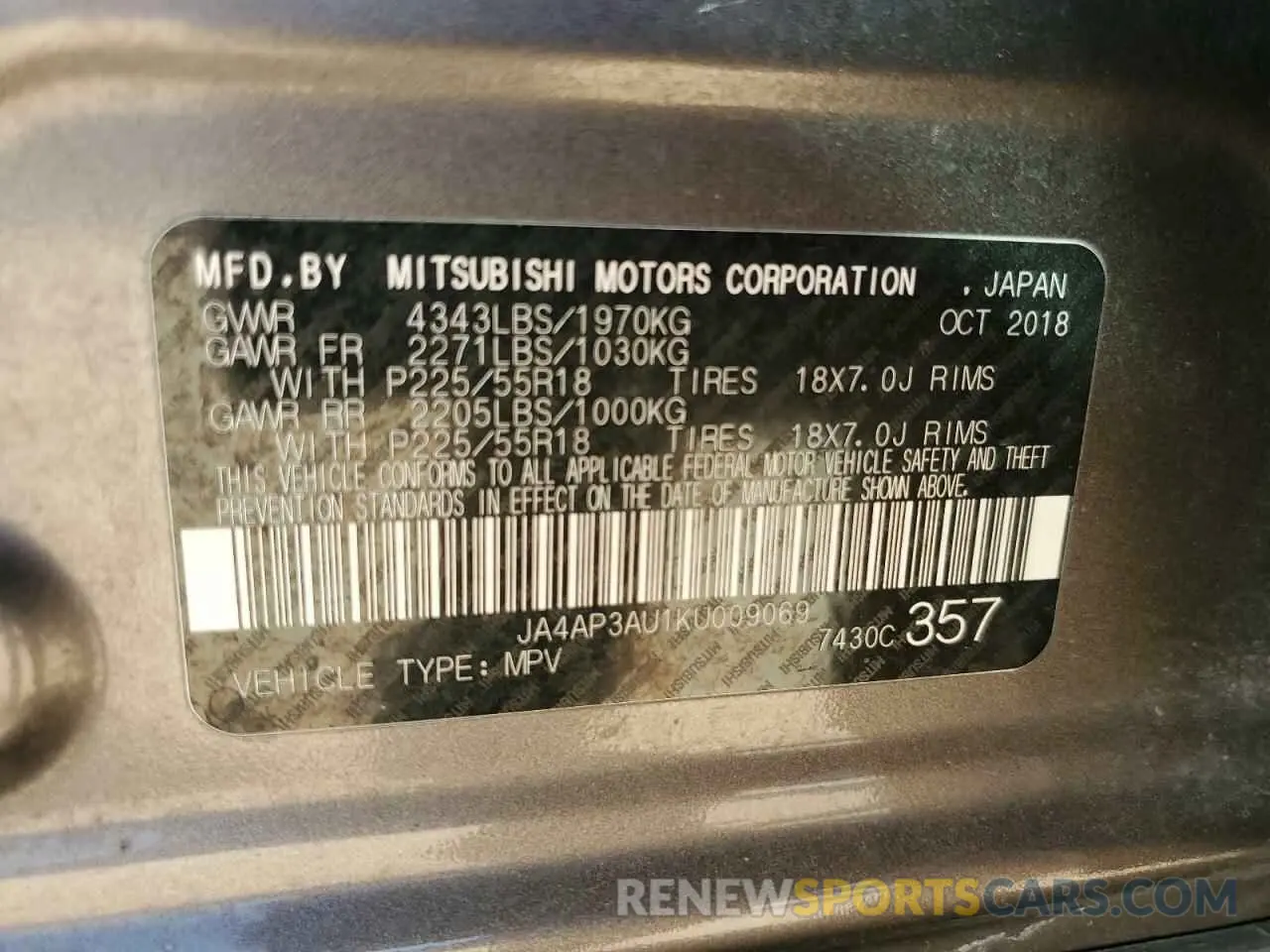 13 Photograph of a damaged car JA4AP3AU1KU009069 MITSUBISHI OUTLANDER 2019