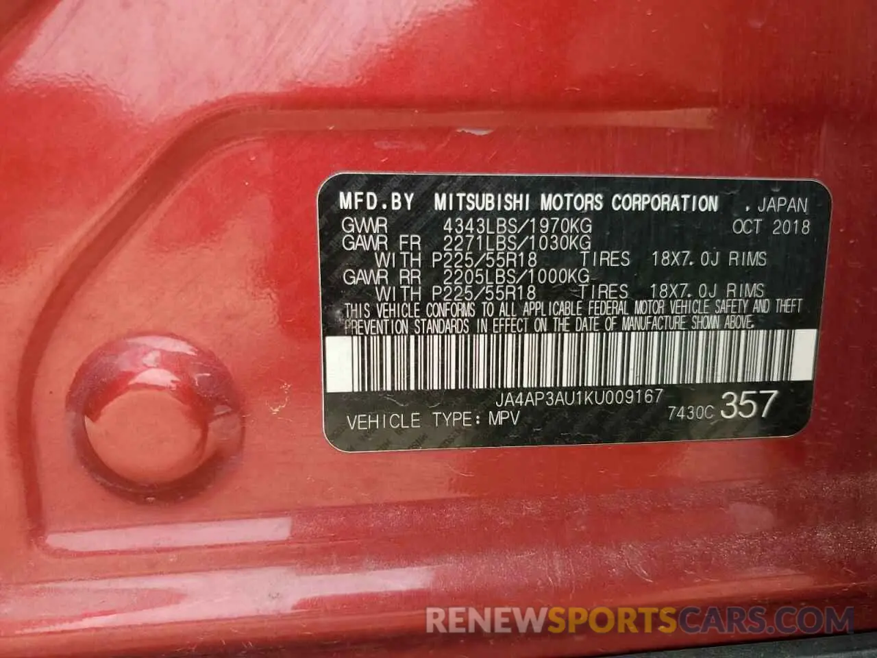 14 Photograph of a damaged car JA4AP3AU1KU009167 MITSUBISHI OUTLANDER 2019