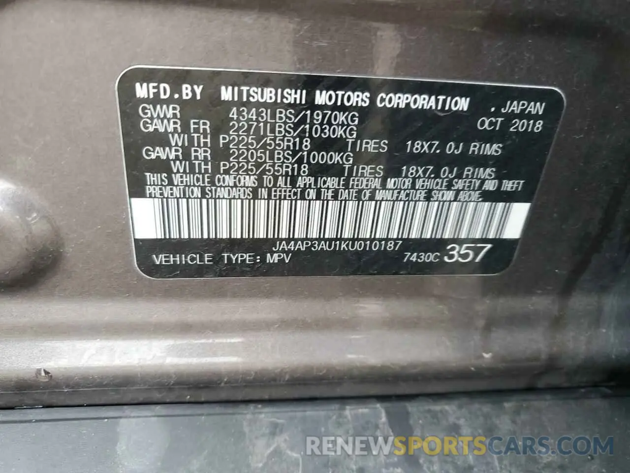 14 Photograph of a damaged car JA4AP3AU1KU010187 MITSUBISHI OUTLANDER 2019