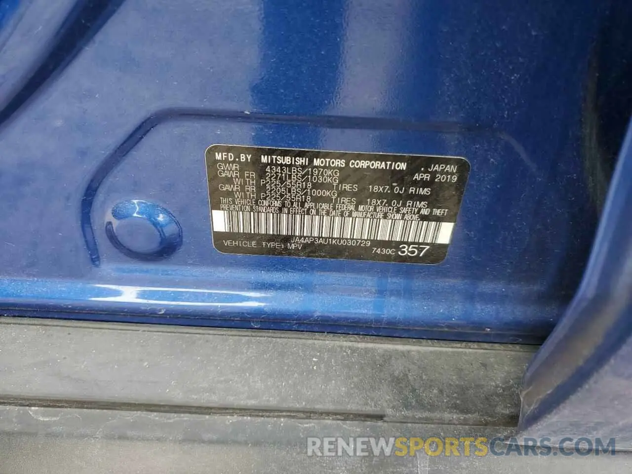 12 Photograph of a damaged car JA4AP3AU1KU030729 MITSUBISHI OUTLANDER 2019