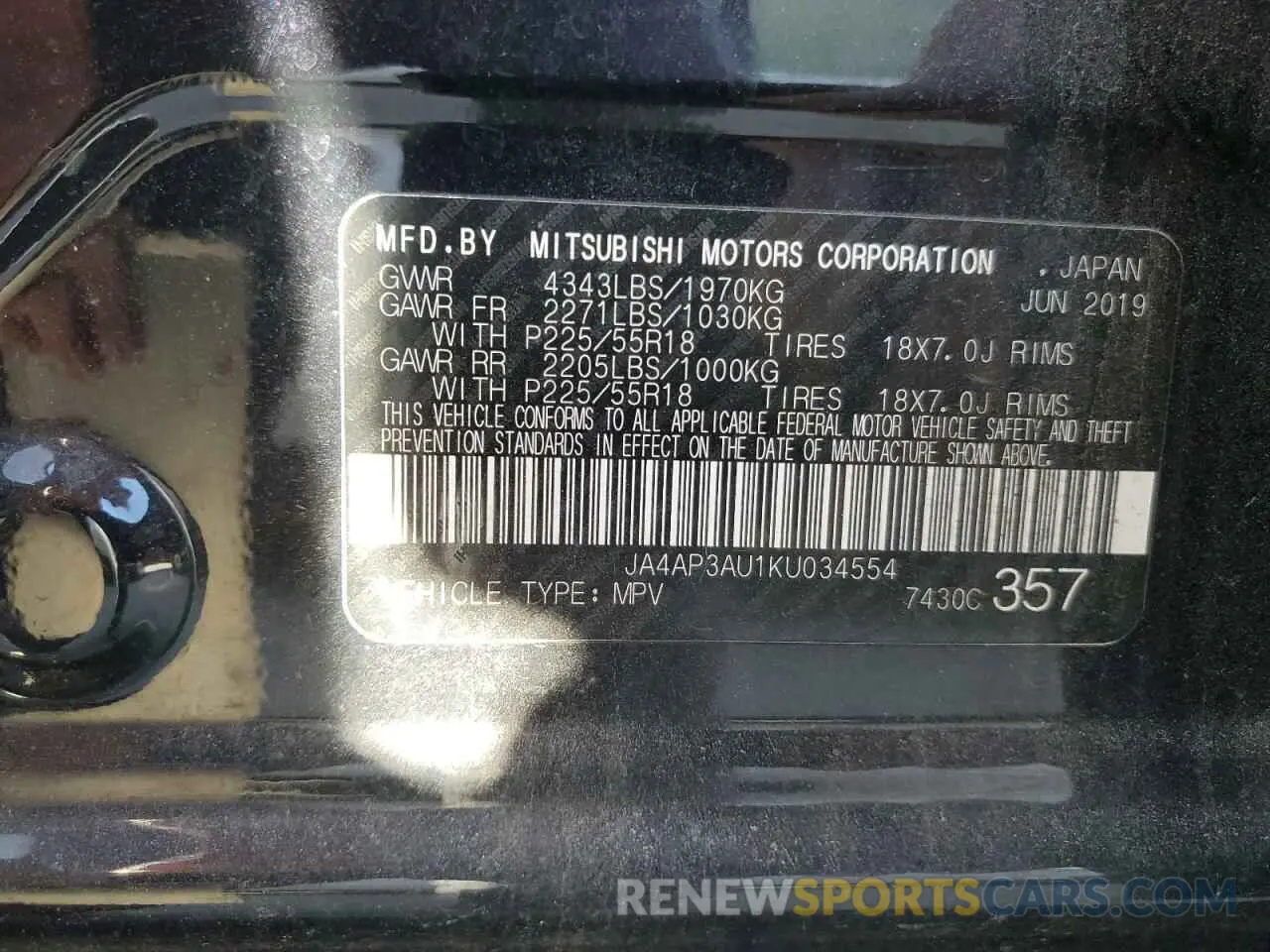13 Photograph of a damaged car JA4AP3AU1KU034554 MITSUBISHI OUTLANDER 2019
