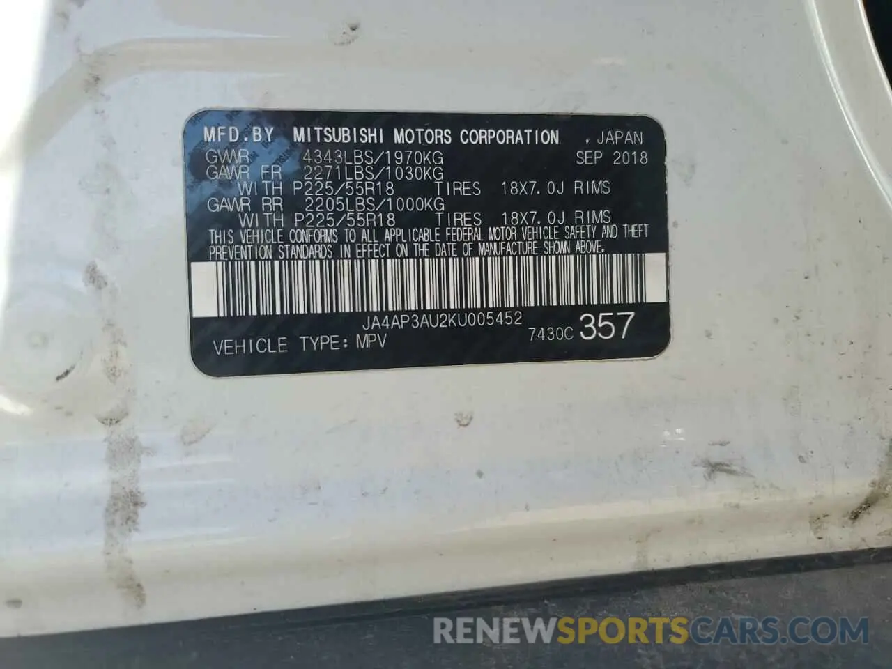 14 Photograph of a damaged car JA4AP3AU2KU005452 MITSUBISHI OUTLANDER 2019