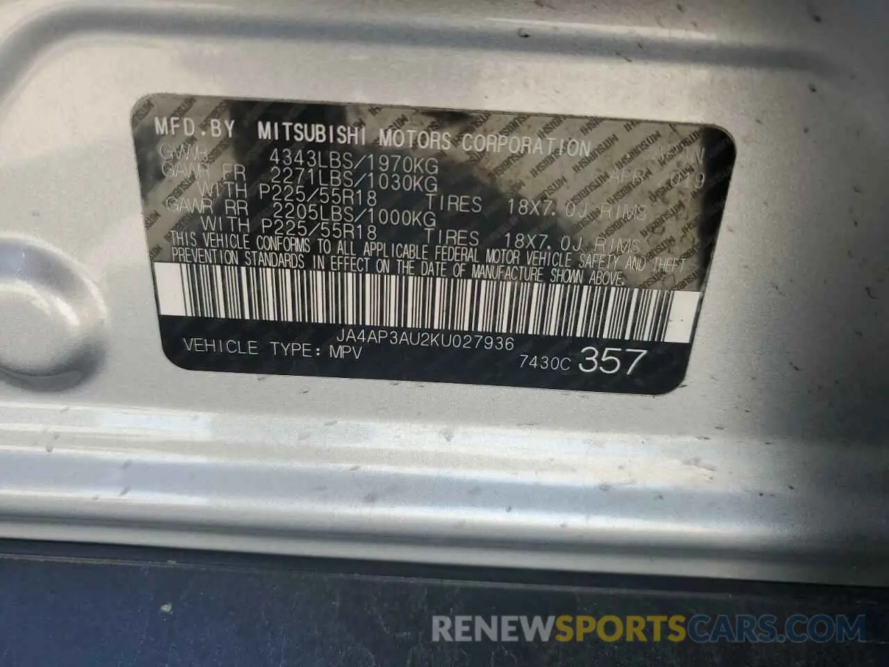 15 Photograph of a damaged car JA4AP3AU2KU027936 MITSUBISHI OUTLANDER 2019