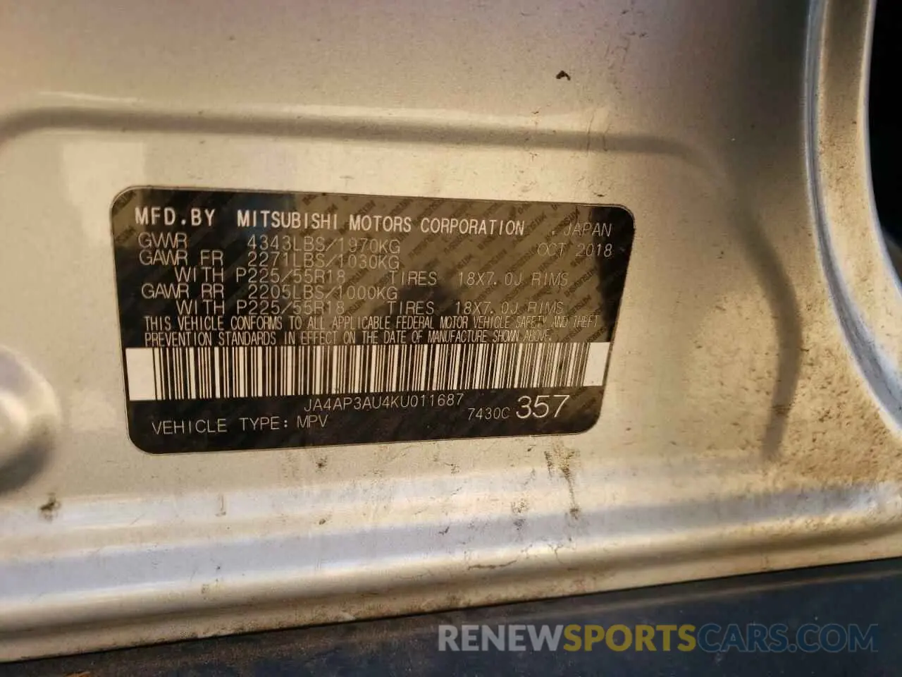 13 Photograph of a damaged car JA4AP3AU4KU011687 MITSUBISHI OUTLANDER 2019