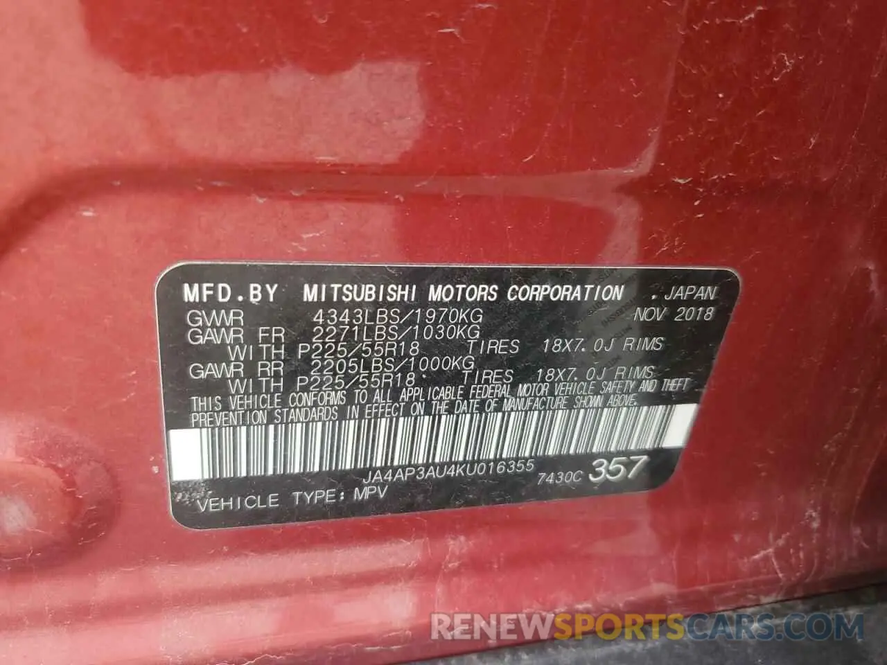 12 Photograph of a damaged car JA4AP3AU4KU016355 MITSUBISHI OUTLANDER 2019