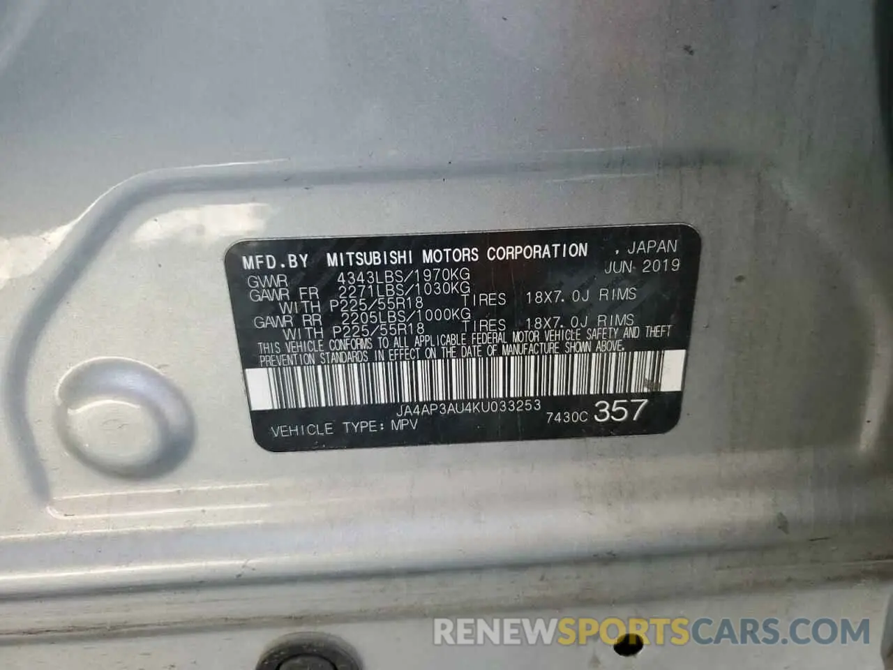 13 Photograph of a damaged car JA4AP3AU4KU033253 MITSUBISHI OUTLANDER 2019