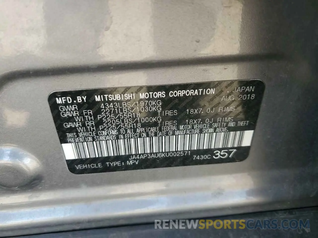 13 Photograph of a damaged car JA4AP3AU6KU002571 MITSUBISHI OUTLANDER 2019