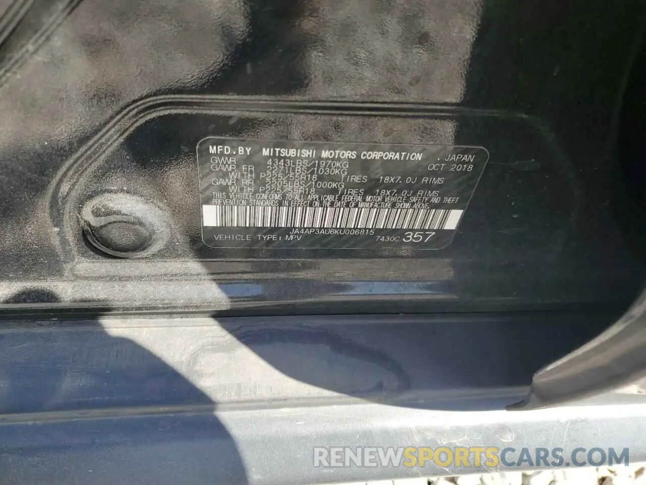 14 Photograph of a damaged car JA4AP3AU6KU006815 MITSUBISHI OUTLANDER 2019