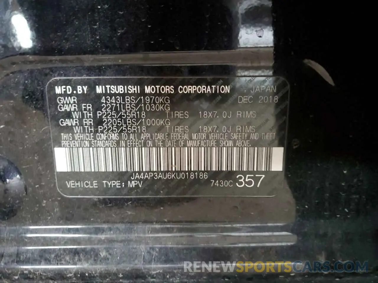 15 Photograph of a damaged car JA4AP3AU6KU018186 MITSUBISHI OUTLANDER 2019