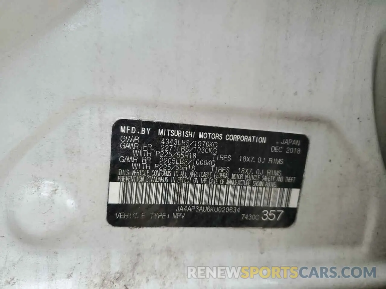 14 Photograph of a damaged car JA4AP3AU6KU020634 MITSUBISHI OUTLANDER 2019