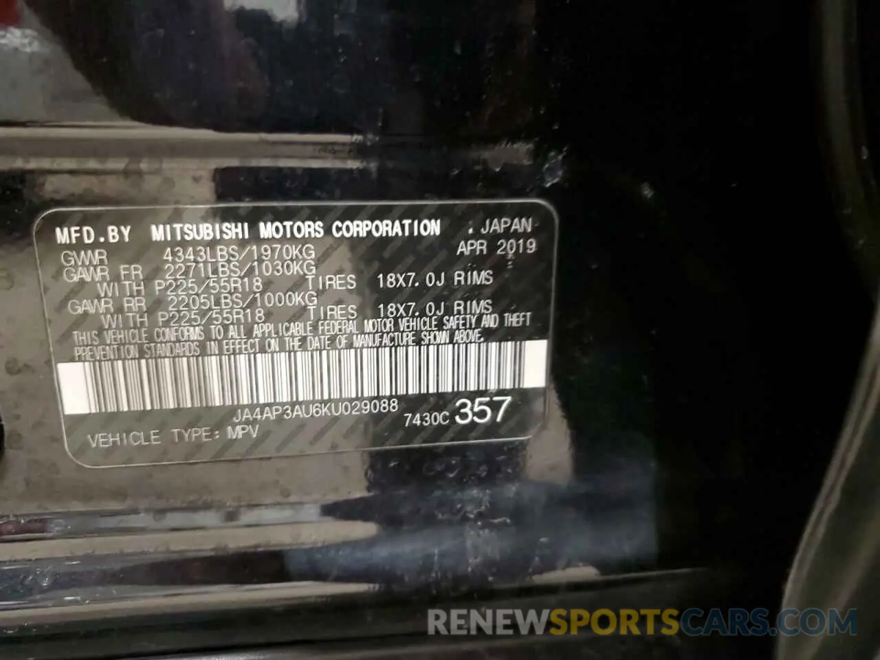 13 Photograph of a damaged car JA4AP3AU6KU029088 MITSUBISHI OUTLANDER 2019