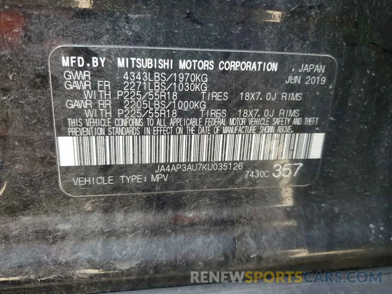 12 Photograph of a damaged car JA4AP3AU7KU035126 MITSUBISHI OUTLANDER 2019