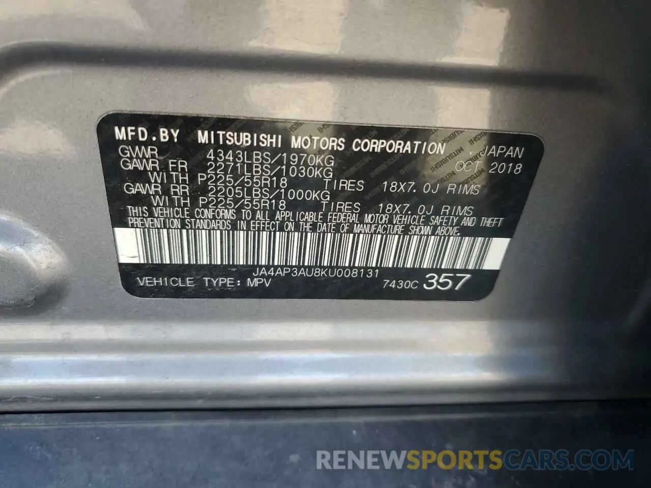 13 Photograph of a damaged car JA4AP3AU8KU008131 MITSUBISHI OUTLANDER 2019