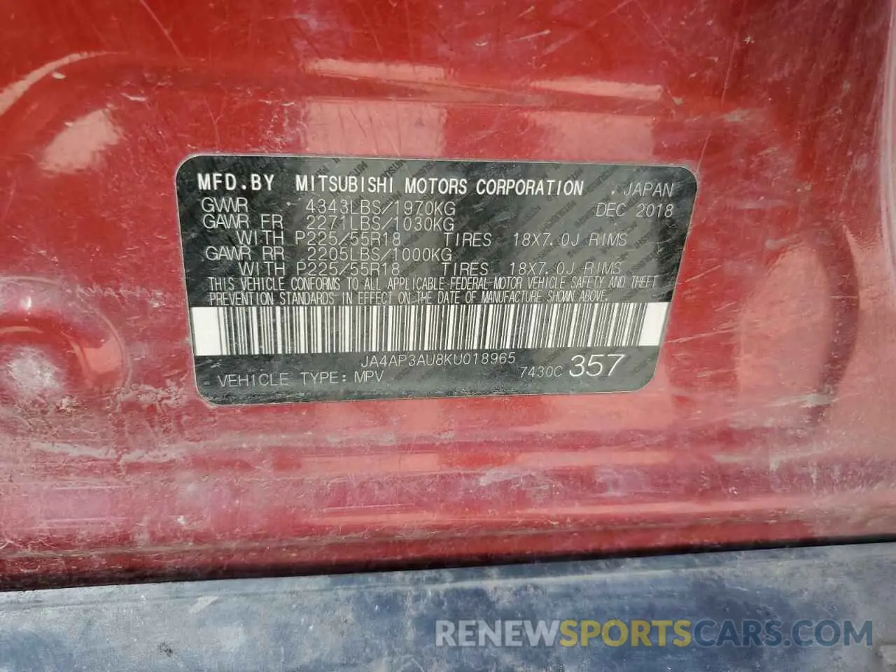 12 Photograph of a damaged car JA4AP3AU8KU018965 MITSUBISHI OUTLANDER 2019