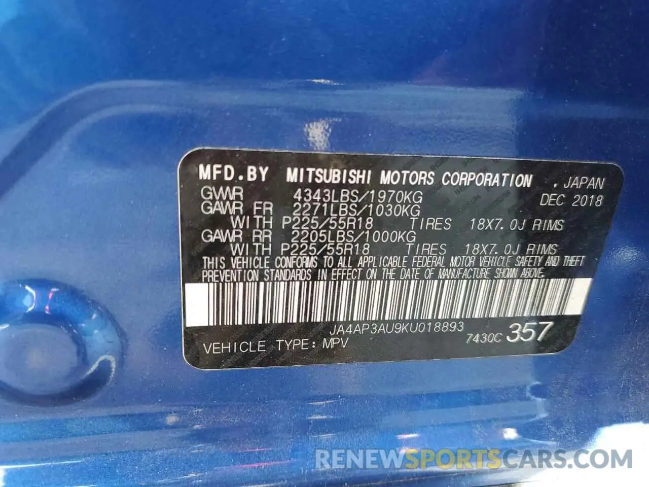 15 Photograph of a damaged car JA4AP3AU9KU018893 MITSUBISHI OUTLANDER 2019